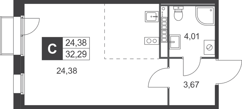 Квартира-студия, 32.29 м² в ЖК "Слобода" - планировка, фото №1