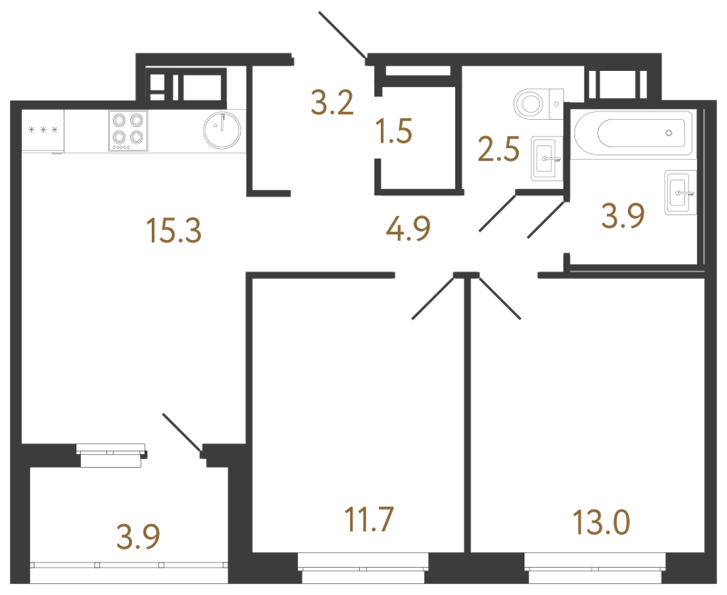 3-комнатная (Евро) квартира, 56 м² в ЖК "Литера" - планировка, фото №1