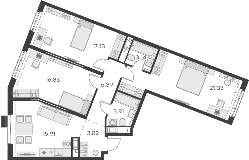 4-комнатная (Евро) квартира, 87.46 м² в ЖК "GloraX Балтийская" - планировка, фото №1