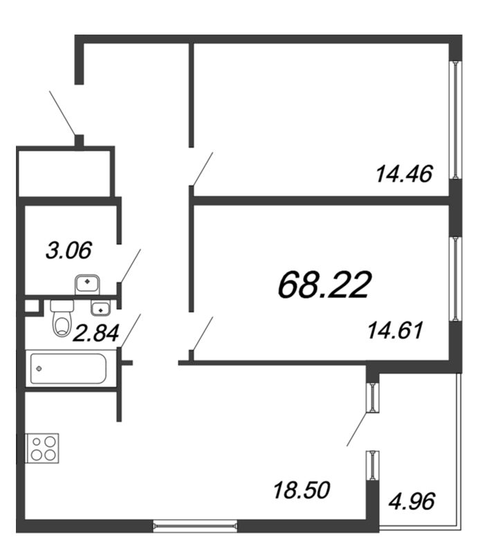 3-комнатная (Евро) квартира, 68.22 м² - планировка, фото №1