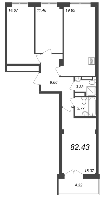 4-комнатная (Евро) квартира, 82.43 м² в ЖК "Neva Residence" - планировка, фото №1