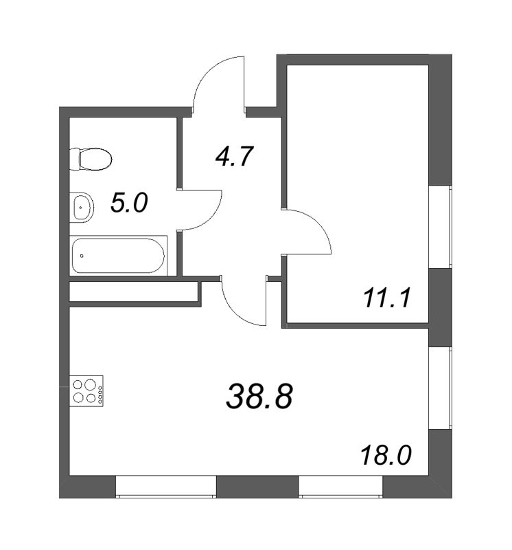 2-комнатная (Евро) квартира, 38.8 м² в ЖК "Куинджи" - планировка, фото №1