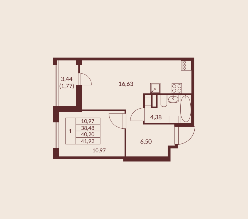 2-комнатная (Евро) квартира, 40.2 м² в ЖК "Амурино" - планировка, фото №1