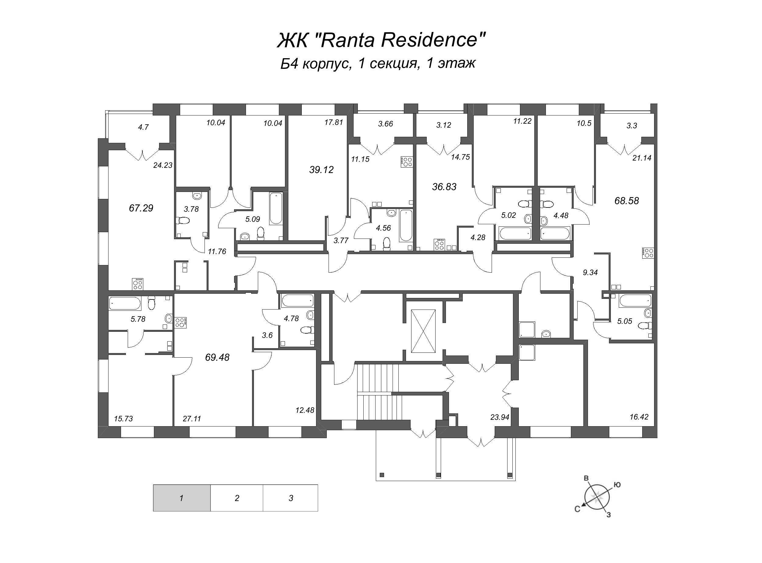 1-комнатная квартира, 36.83 м² в ЖК "Ranta Residence" - планировка этажа