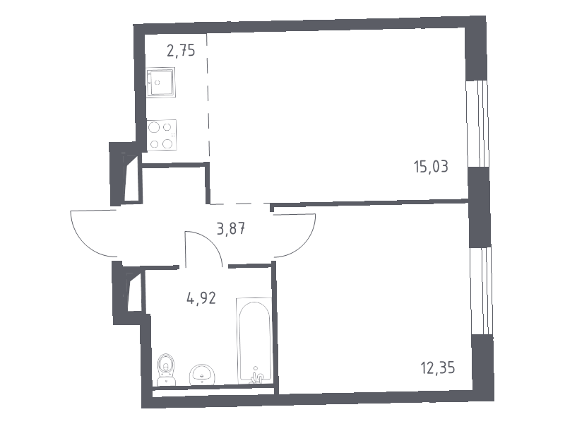 2-комнатная (Евро) квартира, 38.92 м² - планировка, фото №1