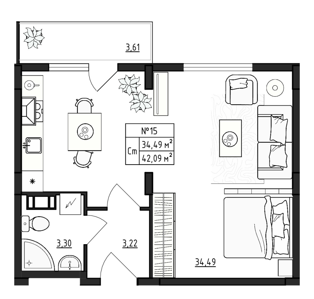 Квартира-студия, 42.09 м² в ЖК "Верево Сити" - планировка, фото №1