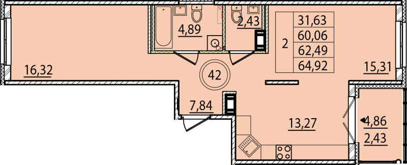 2-комнатная квартира, 60.06 м² - планировка, фото №1