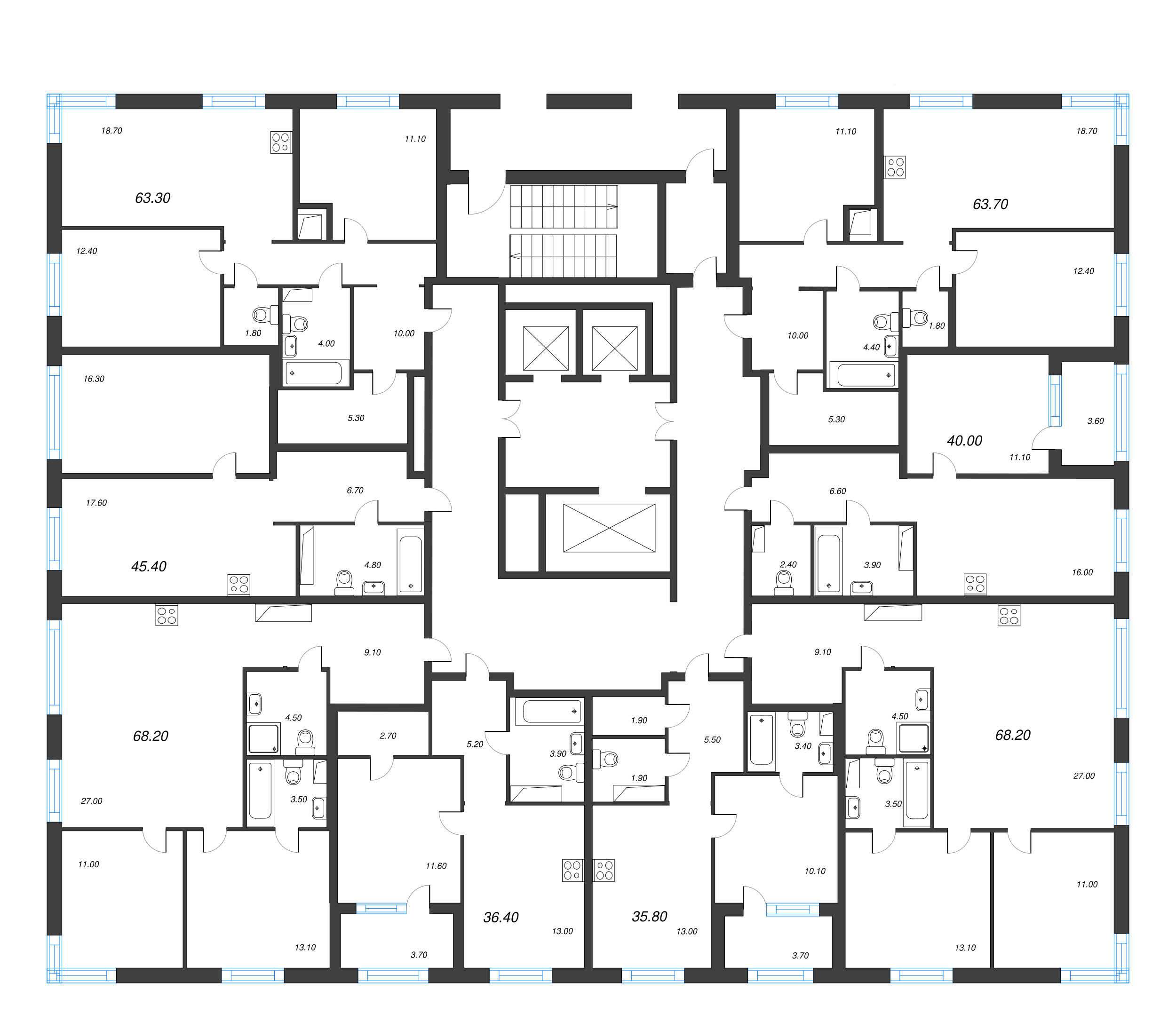 3-комнатная (Евро) квартира, 63.7 м² - планировка этажа