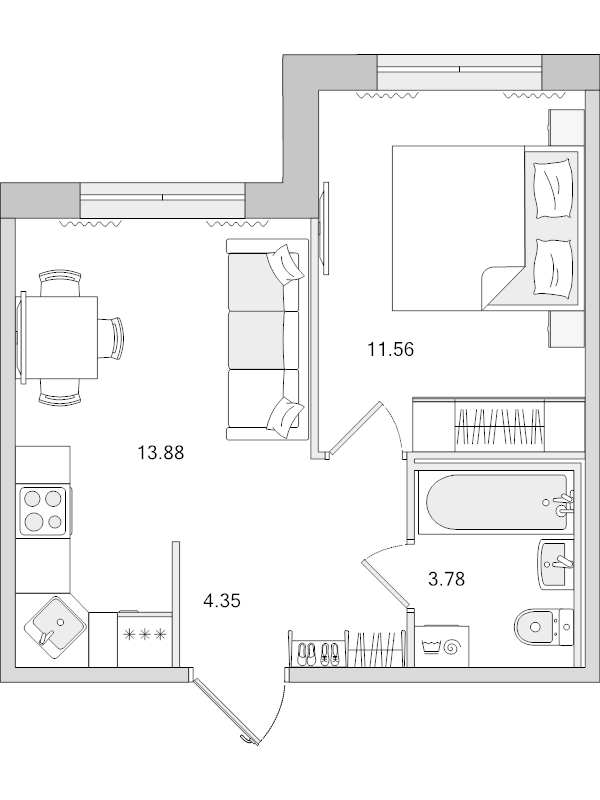 1-комнатная квартира, 33.57 м² в ЖК "Dreamline" - планировка, фото №1