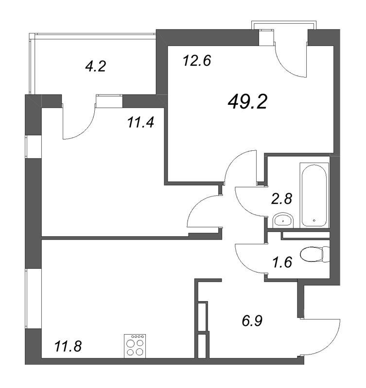 2-комнатная квартира, 49.2 м² в ЖК "Экография" - планировка, фото №1