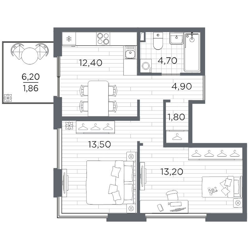 2-комнатная квартира, 52.4 м² в ЖК "Плюс Пулковский" - планировка, фото №1