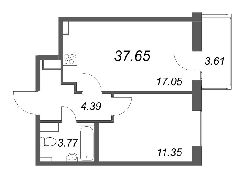 2-комнатная (Евро) квартира, 37.65 м² в ЖК "Аквилон All in 3.0" - планировка, фото №1