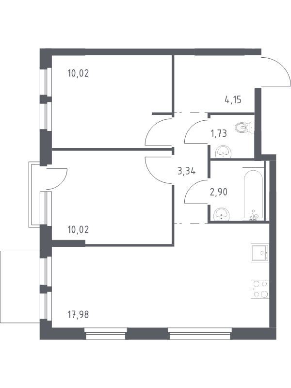 3-комнатная (Евро) квартира, 50.14 м² - планировка, фото №1