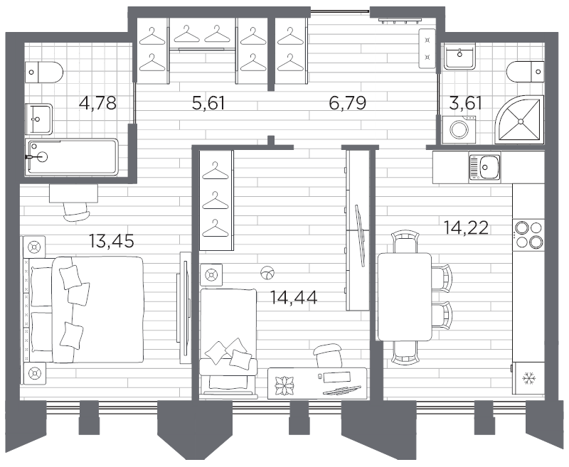 2-комнатная квартира, 62.9 м² в ЖК "Галерная гавань" - планировка, фото №1