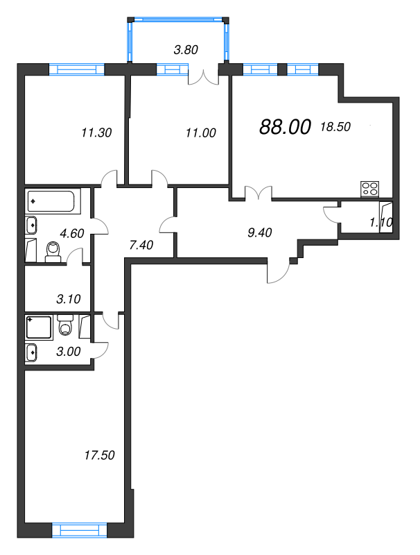 3-комнатная квартира, 88 м² в ЖК "NewПитер 2.0" - планировка, фото №1