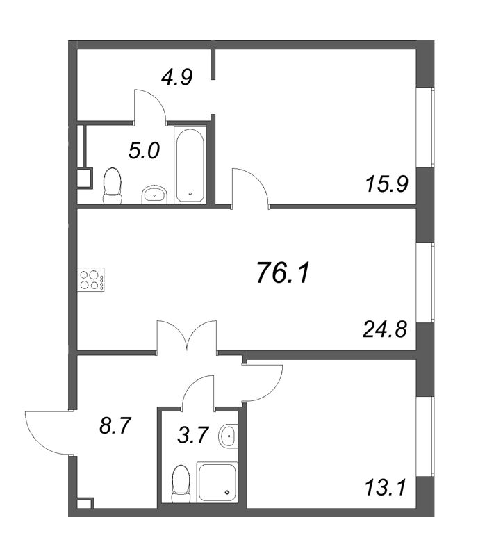 3-комнатная (Евро) квартира, 76.1 м² в ЖК "Визионер" - планировка, фото №1