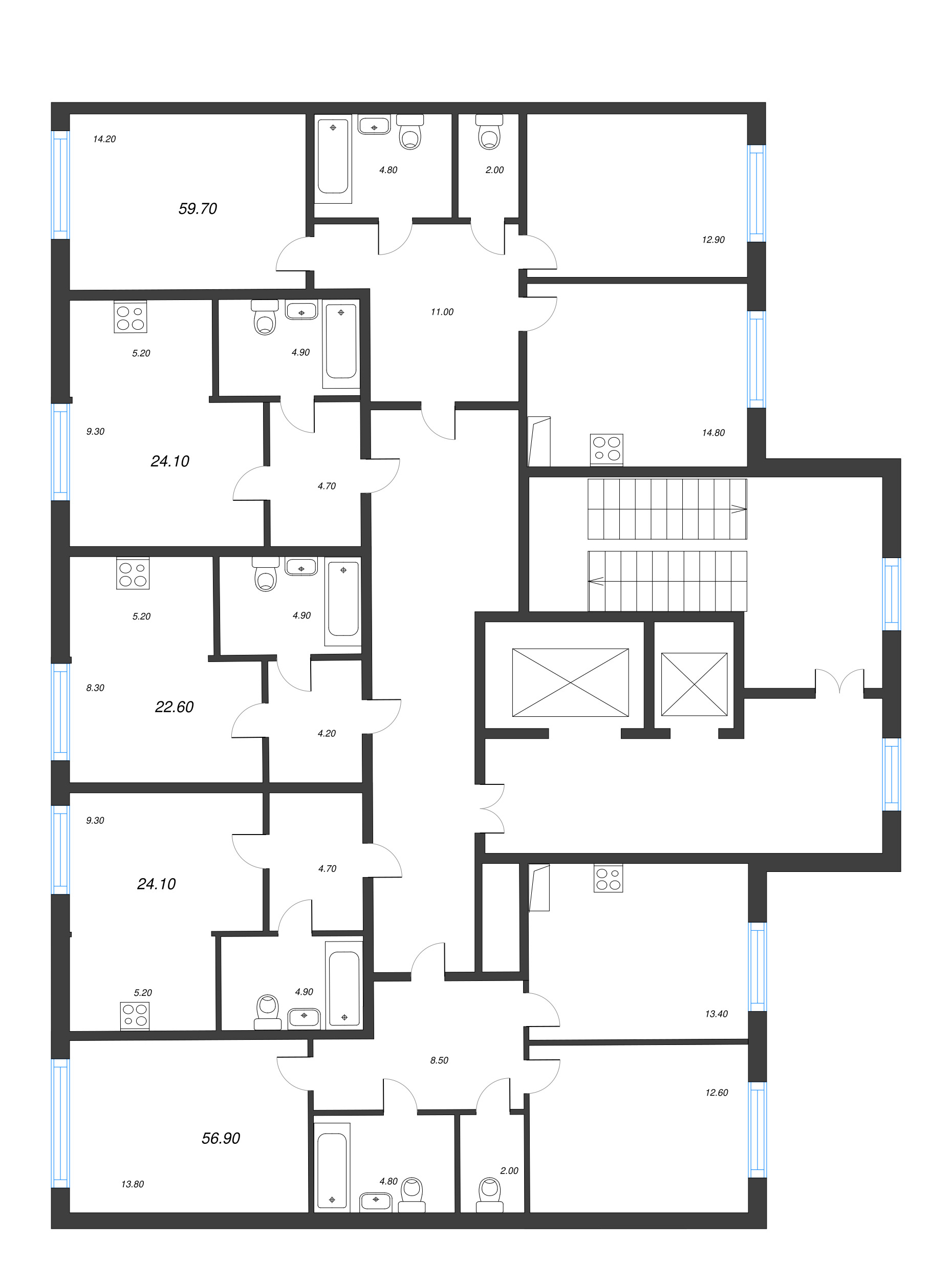 2-комнатная квартира, 56.9 м² - планировка этажа