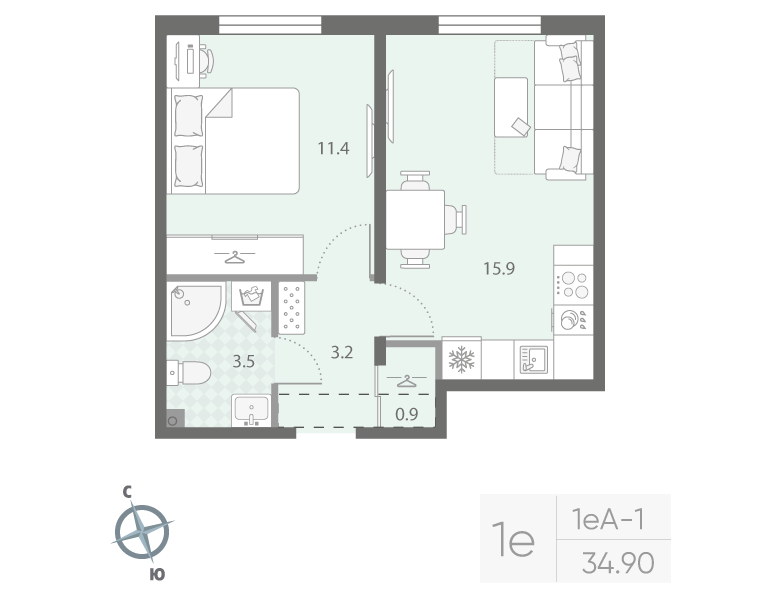2-комнатная (Евро) квартира, 34.9 м² в ЖК "Дыбенко Парк" - планировка, фото №1