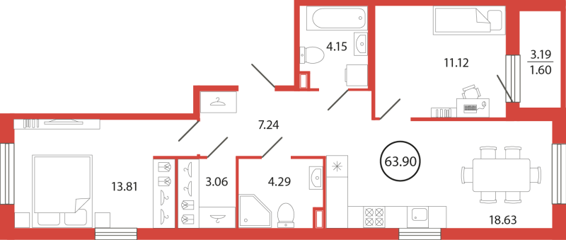 3-комнатная (Евро) квартира, 63.9 м² в ЖК "Энфилд" - планировка, фото №1