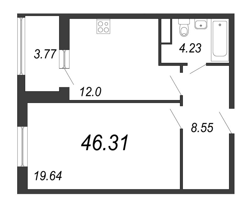 1-комнатная квартира, 46.7 м² - планировка, фото №1