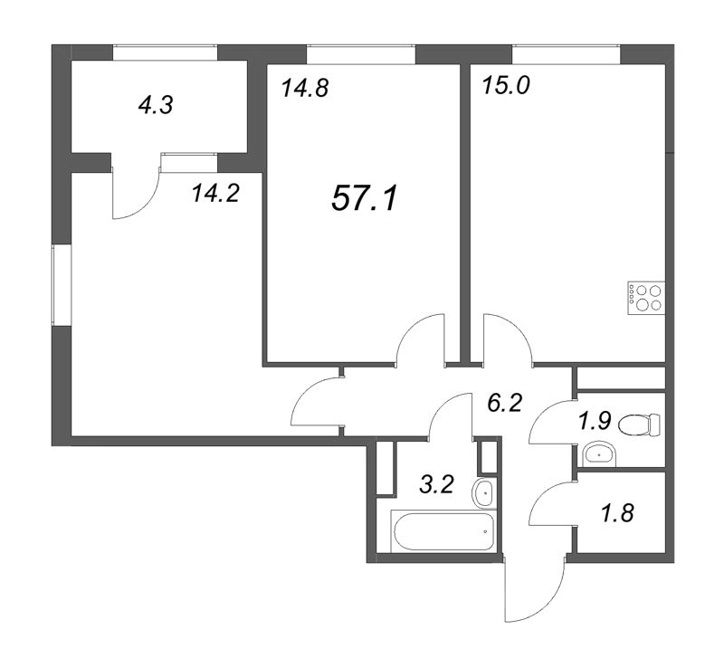 3-комнатная (Евро) квартира, 57.1 м² в ЖК "ЮгТаун" - планировка, фото №1