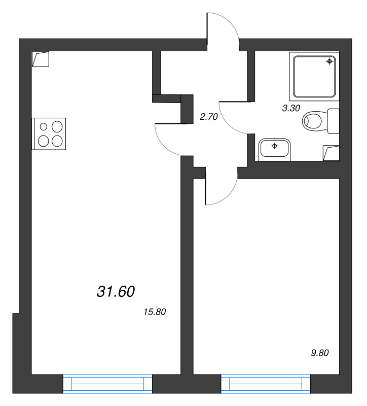 2-комнатная (Евро) квартира, 31.6 м² в ЖК "Ручьи" - планировка, фото №1