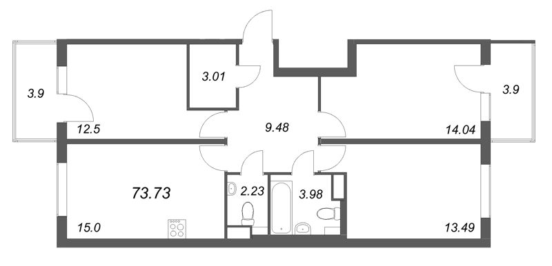 3-комнатная квартира, 73.73 м² - планировка, фото №1