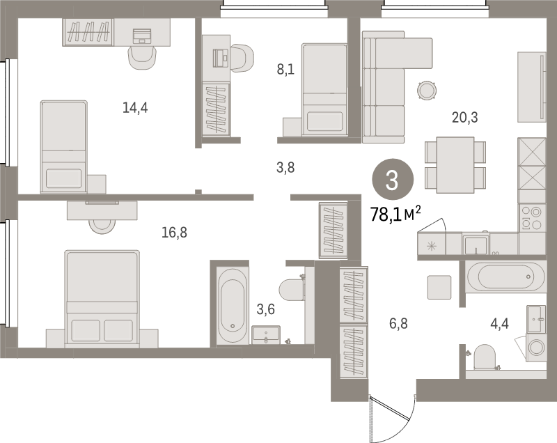 4-комнатная (Евро) квартира, 78.1 м² в ЖК "Северный ветер" - планировка, фото №1