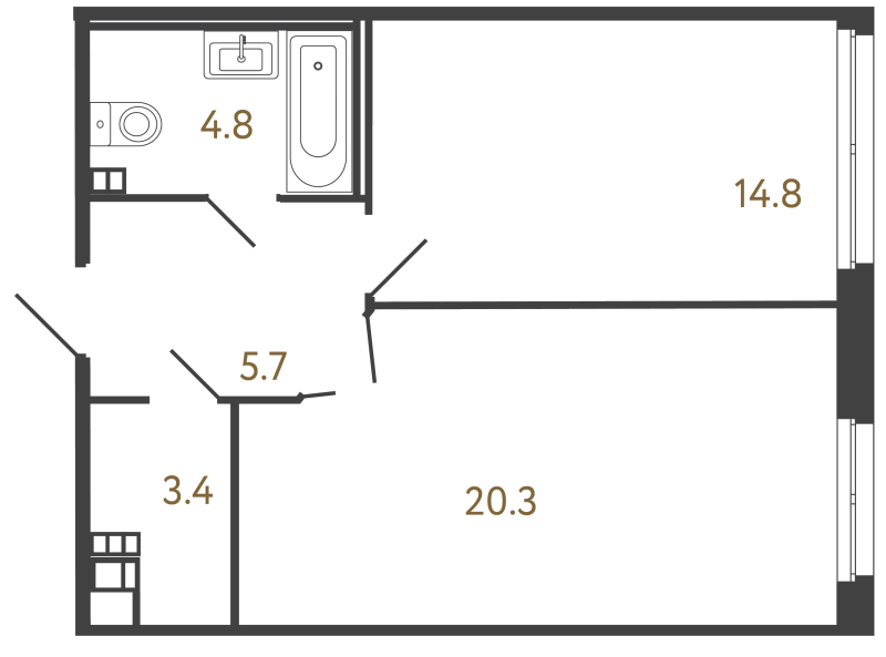 2-комнатная (Евро) квартира, 49 м² в ЖК "Репин" - планировка, фото №1
