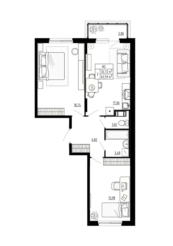 3-комнатная (Евро) квартира, 62.59 м² в ЖК "Аннино Сити" - планировка, фото №1