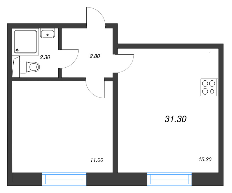 2-комнатная (Евро) квартира, 31.3 м² в ЖК "ЛСР. Ржевский парк" - планировка, фото №1
