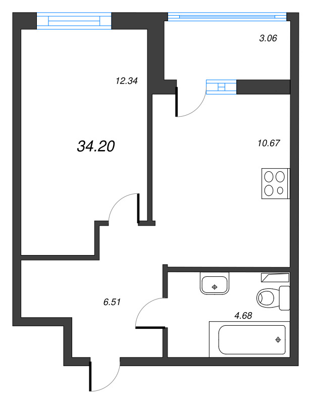 1-комнатная квартира, 34.2 м² в ЖК "Чёрная речка" - планировка, фото №1