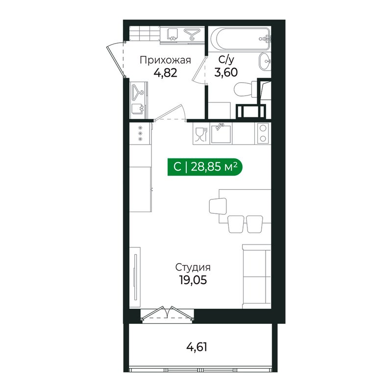 Квартира-студия, 27.4 м² в ЖК "Сертолово Парк" - планировка, фото №1