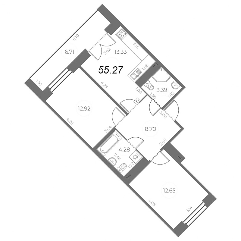 2-комнатная квартира, 58.62 м² - планировка, фото №1