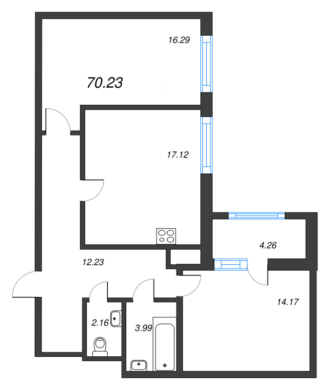 3-комнатная (Евро) квартира, 70.23 м² в ЖК "Расцветай в Янино" - планировка, фото №1