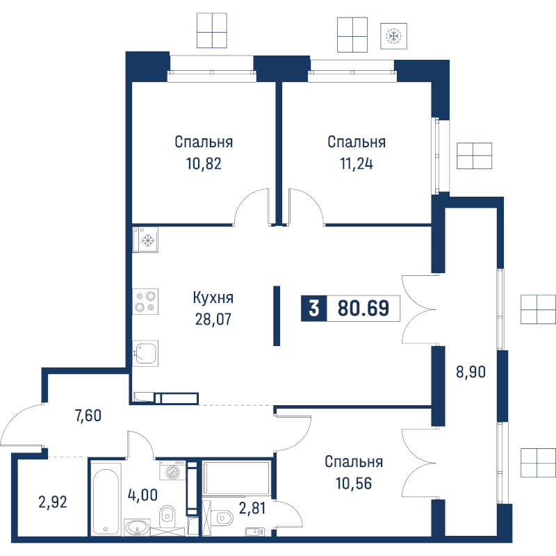 4-комнатная (Евро) квартира, 80.69 м² в ЖК "Символист" - планировка, фото №1