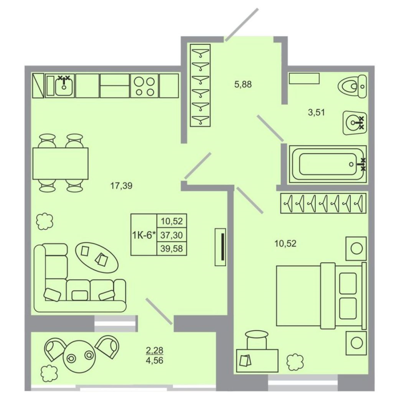 2-комнатная (Евро) квартира, 39.58 м² в ЖК "Стороны света-2" - планировка, фото №1