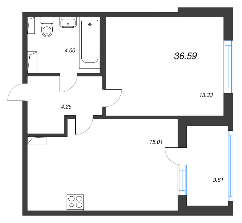2-комнатная (Евро) квартира, 36.59 м² в ЖК "Любоград" - планировка, фото №1