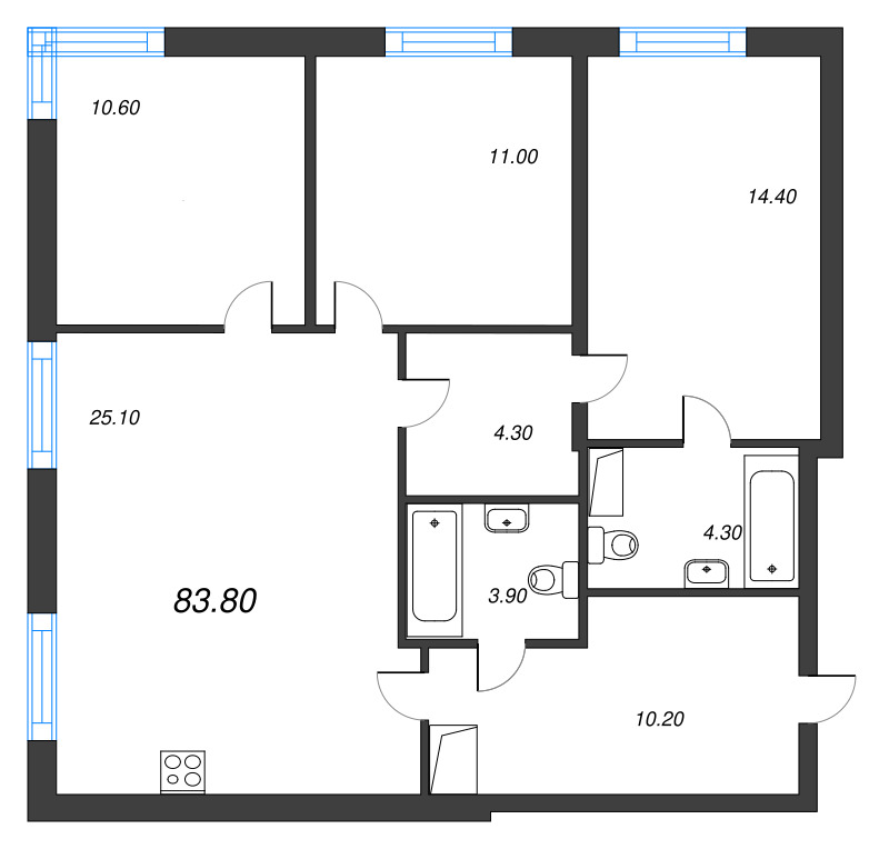 4-комнатная (Евро) квартира, 83.8 м² в ЖК "Струны" - планировка, фото №1
