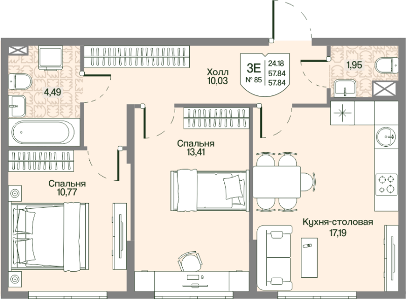 3-комнатная (Евро) квартира, 57.84 м² в ЖК "Охтинские высоты" - планировка, фото №1