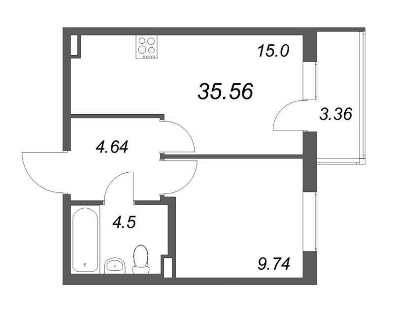 1-комнатная квартира, 35.56 м² в ЖК "Новая история" - планировка, фото №1