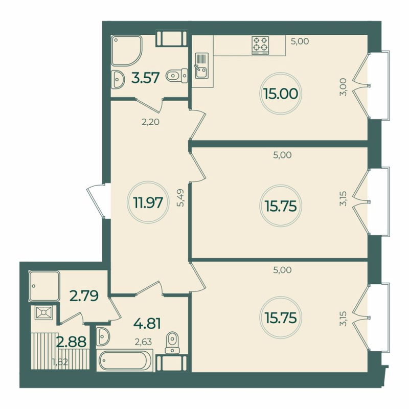 3-комнатная (Евро) квартира, 72.52 м² в ЖК "Дуалист" - планировка, фото №1