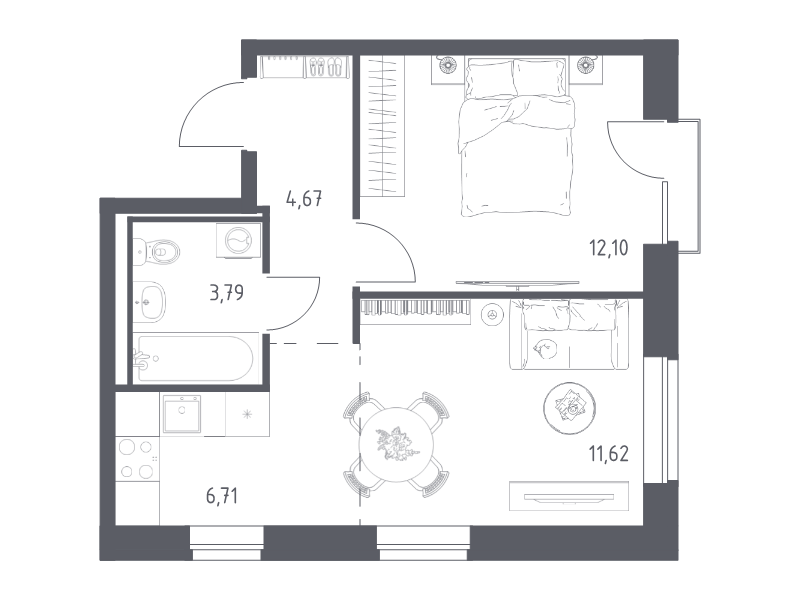 2-комнатная (Евро) квартира, 38.89 м² в ЖК "Живи! В Рыбацком" - планировка, фото №1