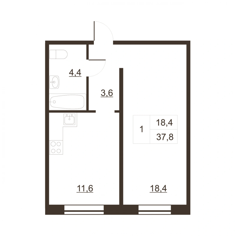 1-комнатная квартира, 38.3 м² - планировка, фото №1