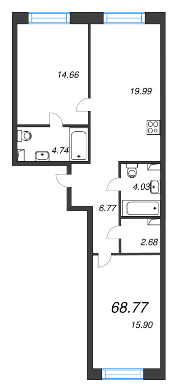 3-комнатная (Евро) квартира, 68.77 м² в ЖК "Остров Первых" - планировка, фото №1