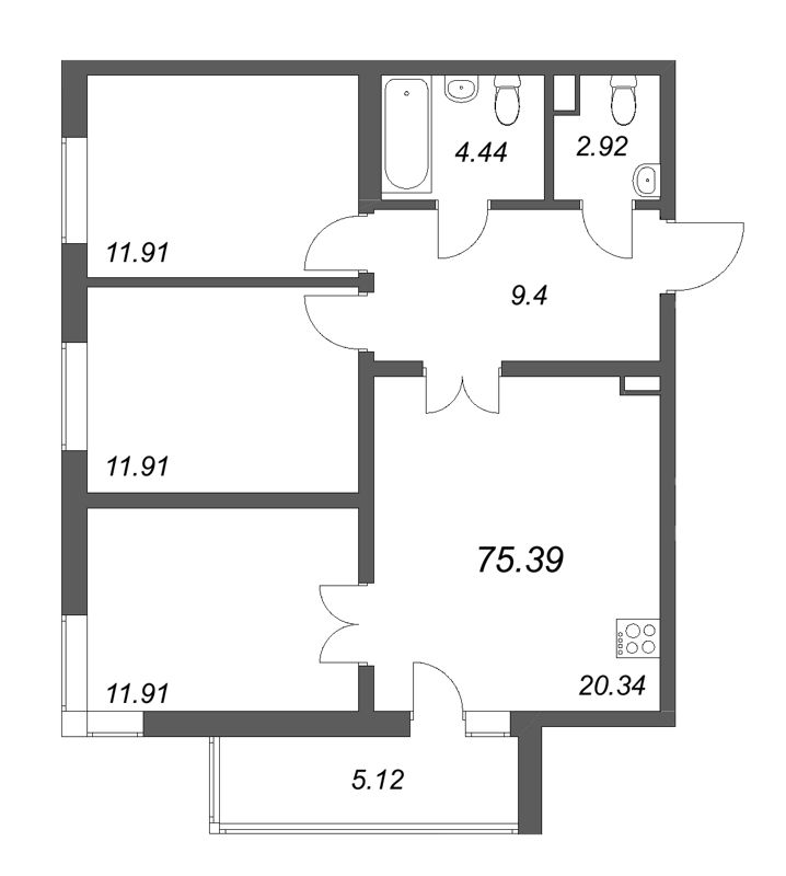 4-комнатная (Евро) квартира, 75.39 м² - планировка, фото №1