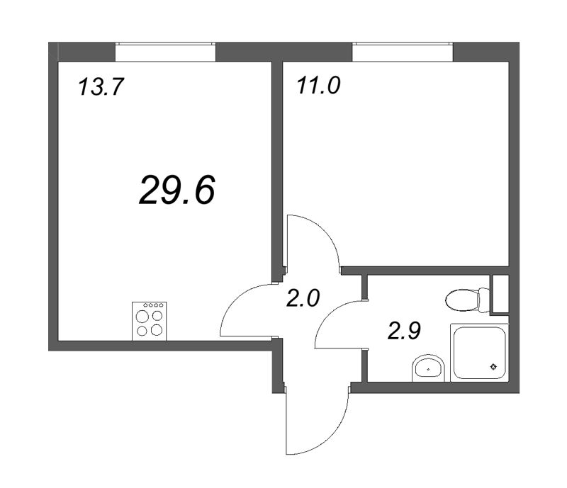 1-комнатная квартира, 29.6 м² - планировка, фото №1