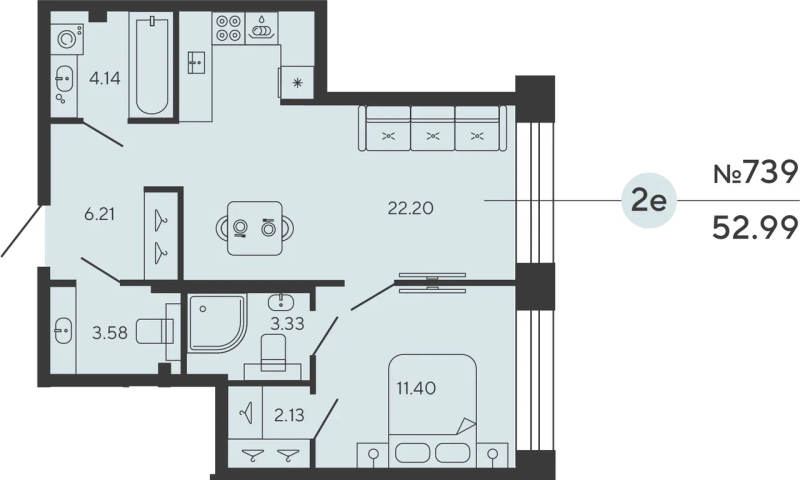2-комнатная (Евро) квартира, 52.99 м² в ЖК "Bashni Element" - планировка, фото №1