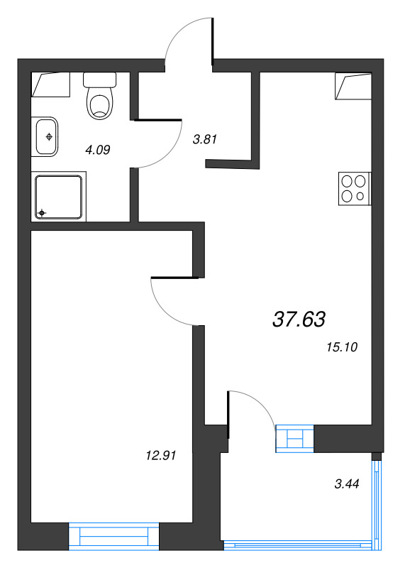 2-комнатная (Евро) квартира, 37.63 м² в ЖК "Тишин" - планировка, фото №1