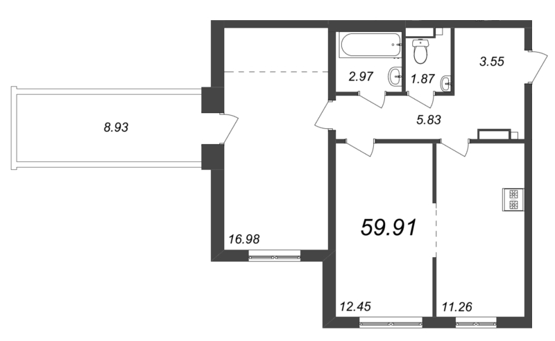 2-комнатная квартира, 64.37 м² - планировка, фото №1
